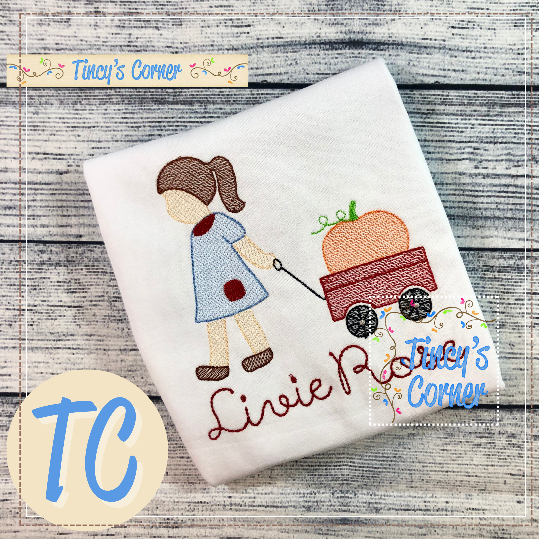 Girl Pulling Pumpkin Wagon Embroidery T-Shirt