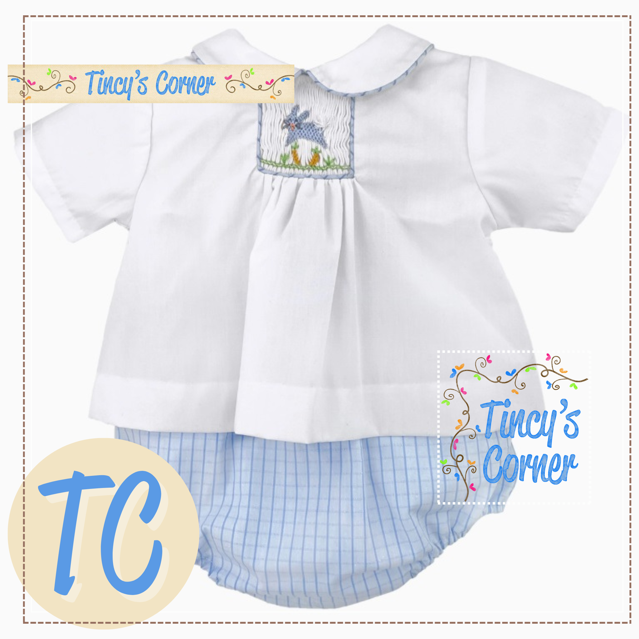 Easter Bunny Blue Smocked Diaper Set
