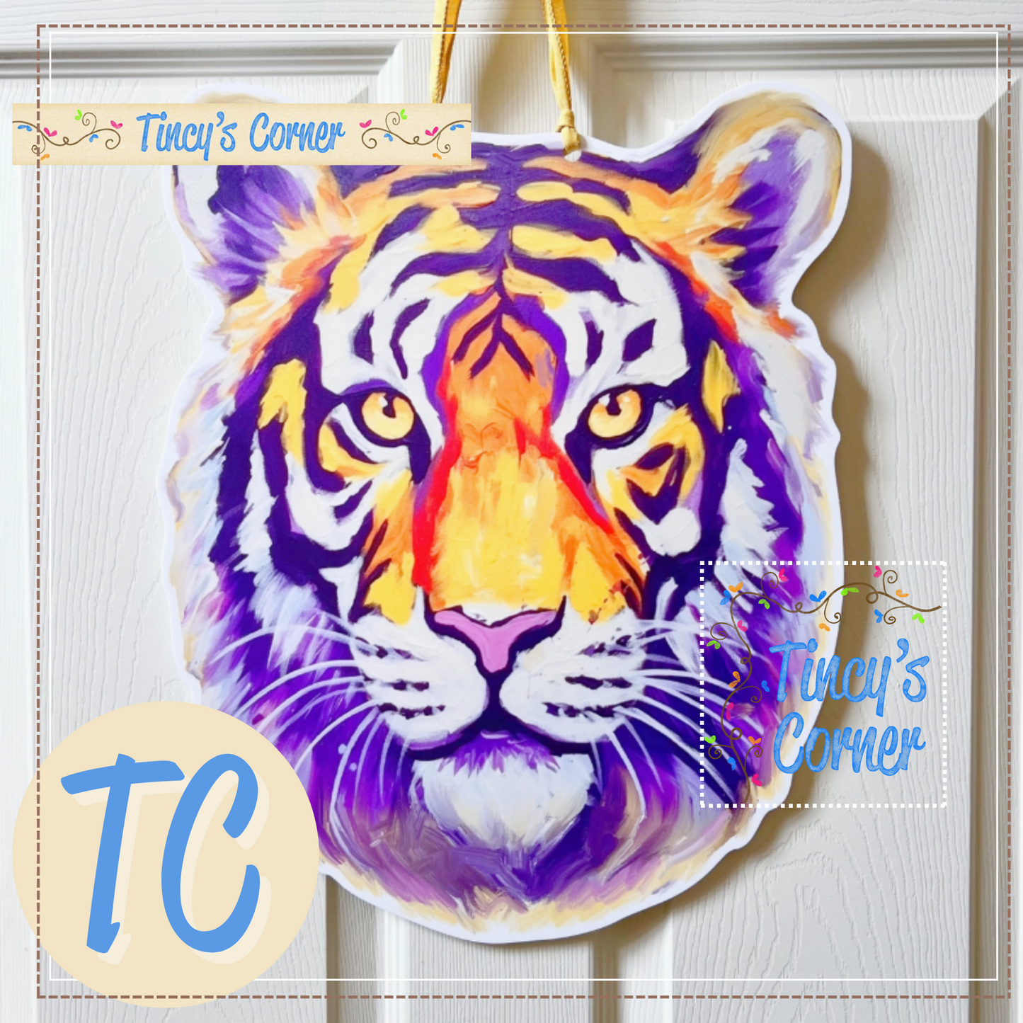Purple and Gold Tiger Head Door Hanger