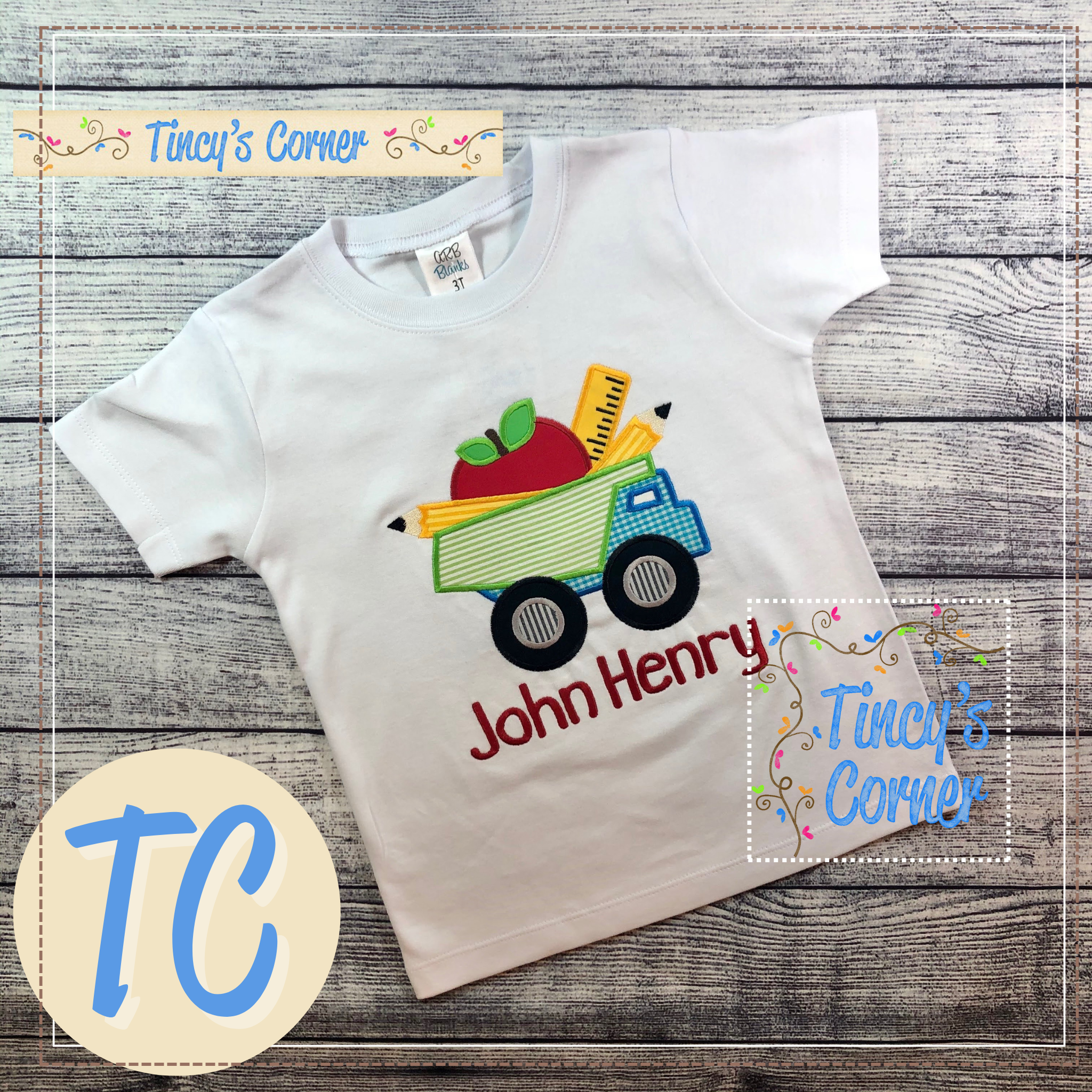 School Supplies Dump Truck Applique T-Shirt