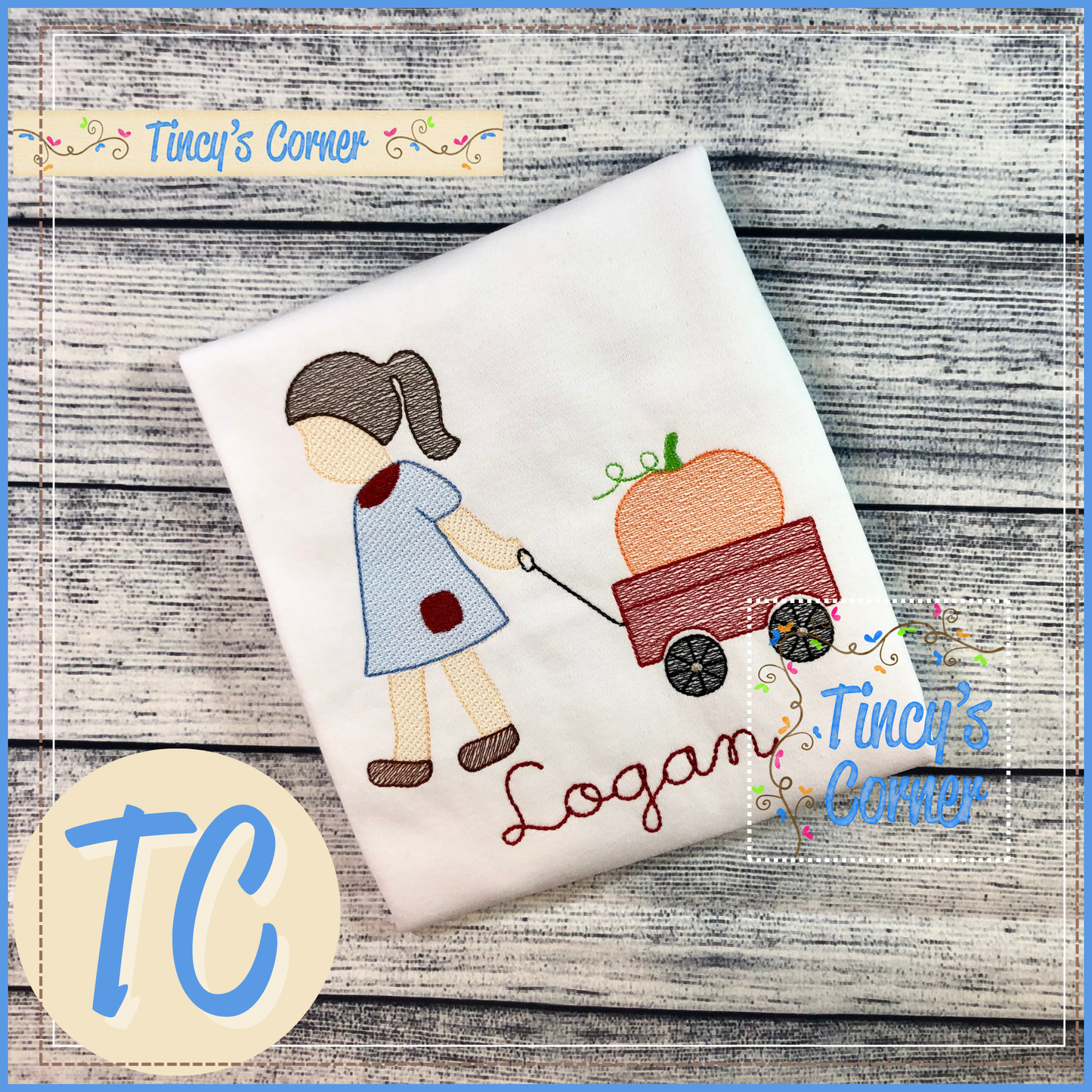 Girl Pulling Pumpkin Wagon Embroidery T-Shirt