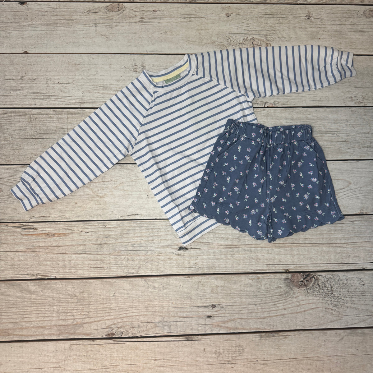 Blue Stripe Floral Scallop Short Set