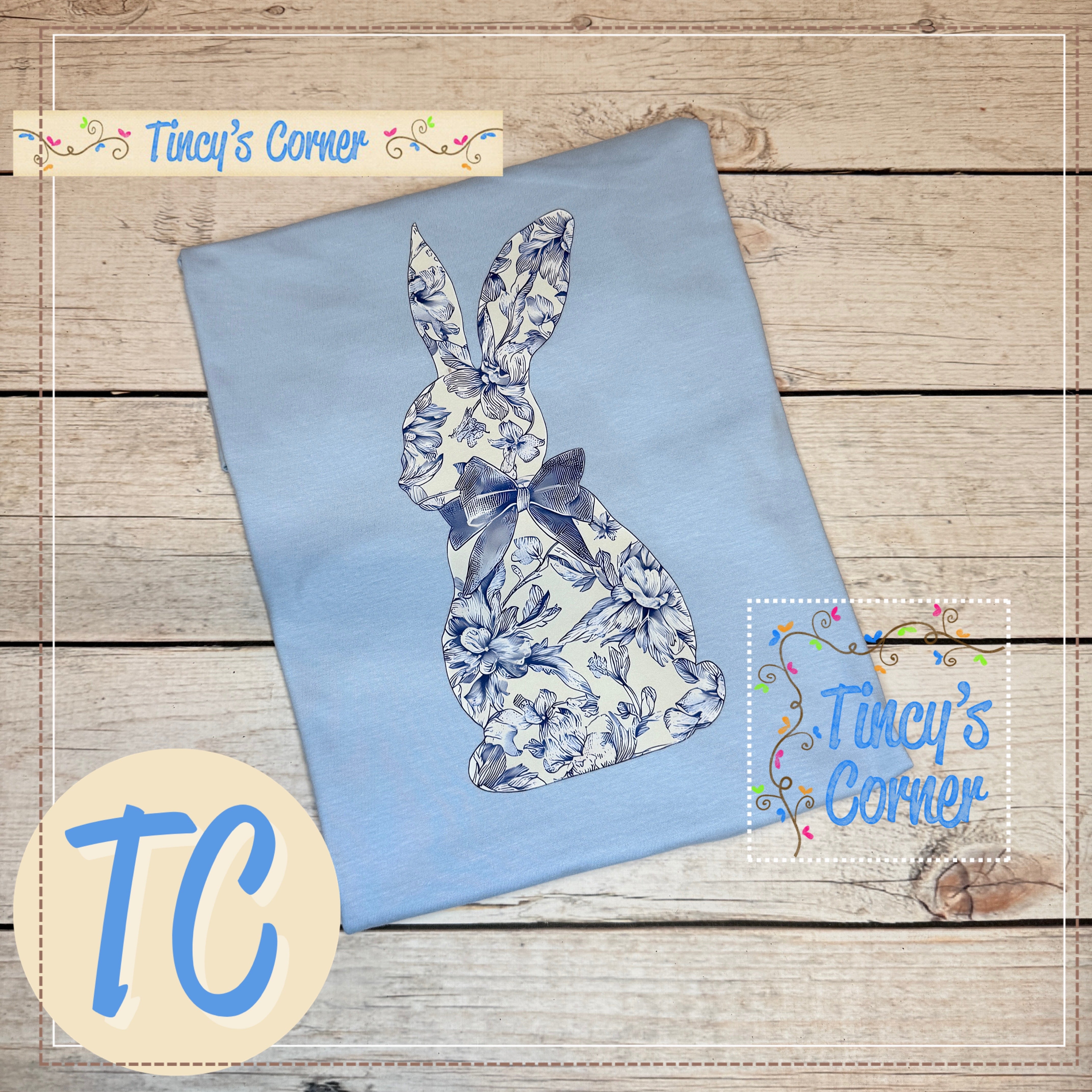 Blue Floral Toile Bunny T-Shirt