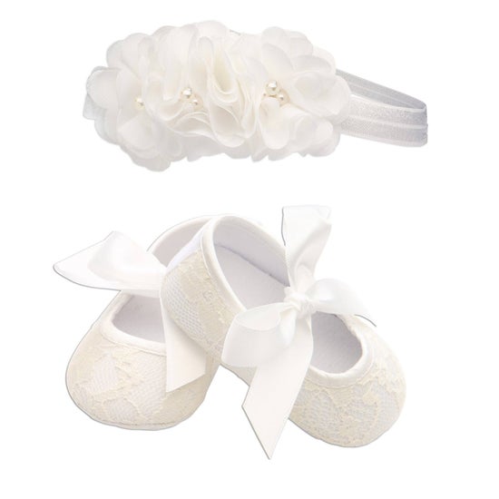 Girls Lace Baptism Shoe And Headband Set