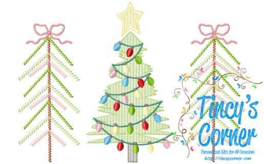 Evergreen Skinny Trees Bow Trio Embroidery T-Shirt