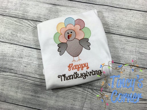 Happy Thanksgiving Turkey Sketch Embroidery T-Shirt