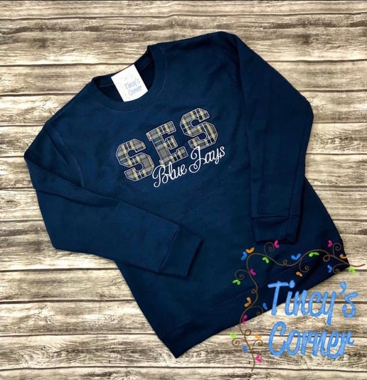 SES Blue Jays Elementary Plaid Applique Sweatshirt