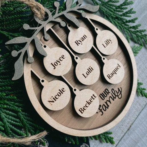 Family Christmas Ornament and Holly Branch w/8 Berries