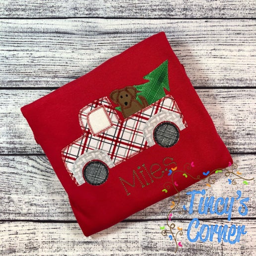 Christmas Truck with Dog and Tree Applique T-Shirt