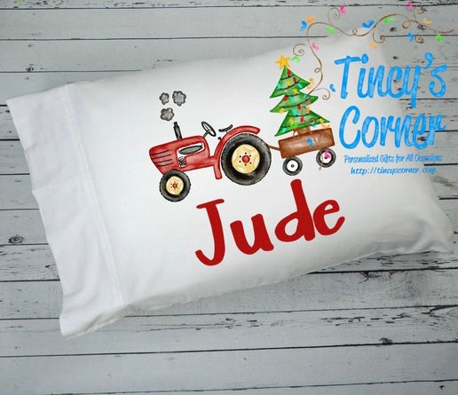 Red Vintage Tractor and Christmas Tree w/Name Standard White Pillowcase