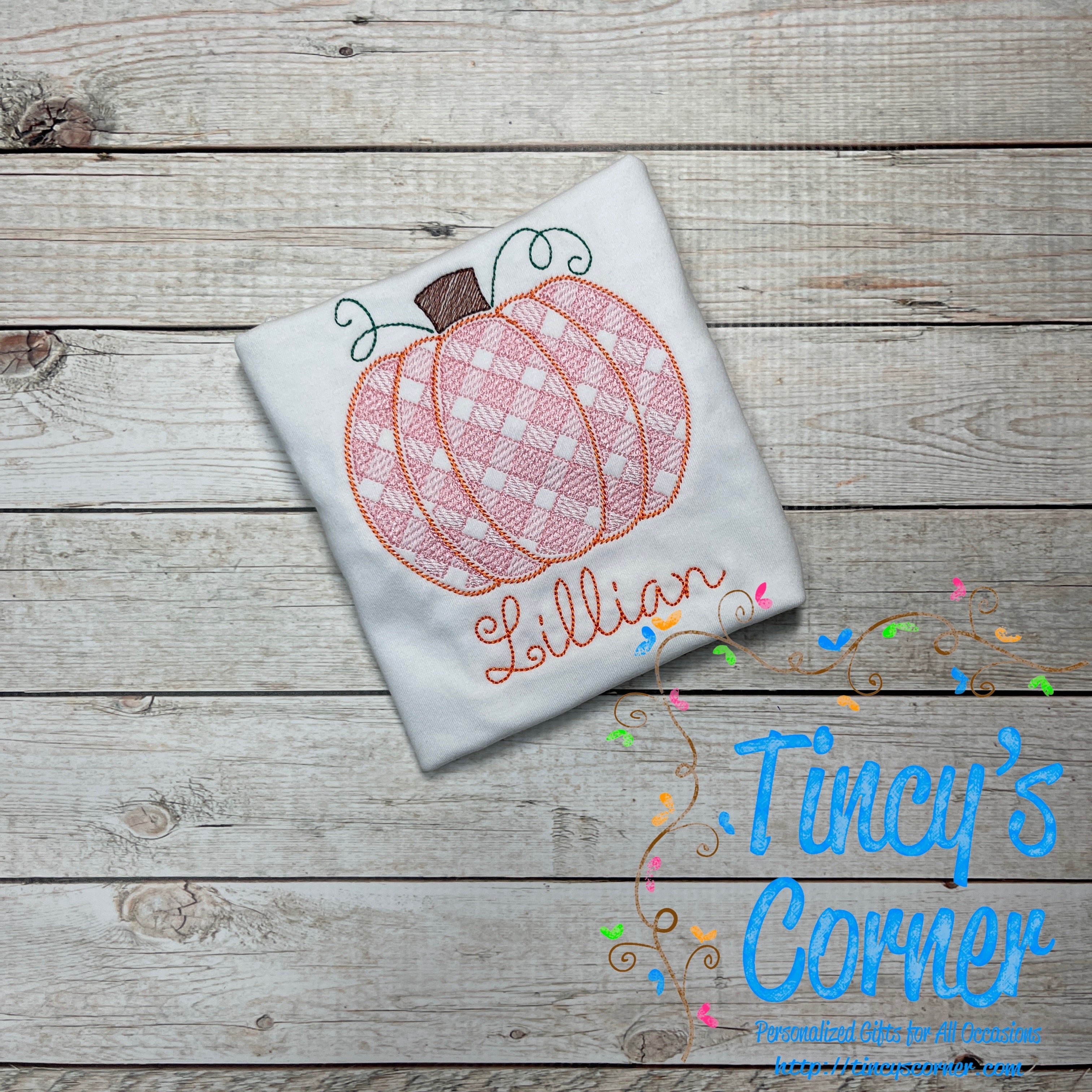 Gingham Sketch Farmhouse Pumpkin Embroidery T-Shirt