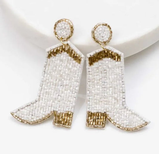 Cowgirl Boots Beaded Earrings White/Gold