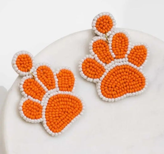 Paw Print Beaded Earrings Orange/White