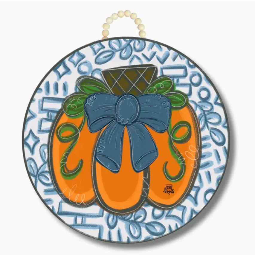 Blue Bow Pumpkin Circle Door Hanger