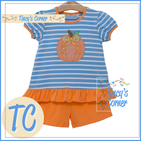 Girl's Pumpkin Applique Ruffle Short Set