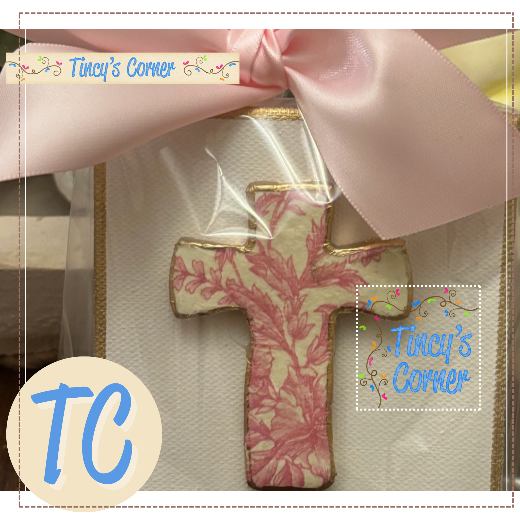 Spring Pink Toile Design Cross Canvas Art