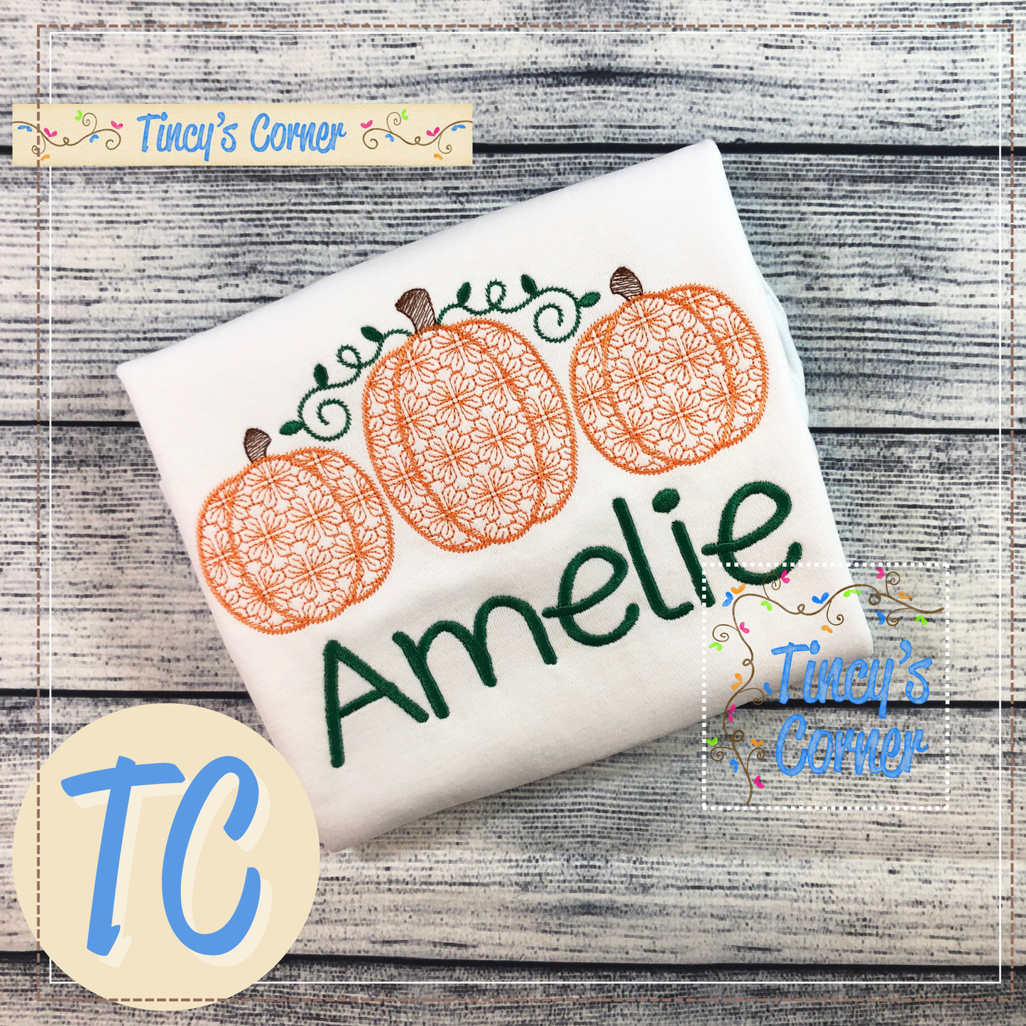 Pumpkin Trio Motif Stitch Embroidery T-Shirt