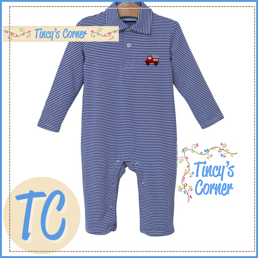 Boy's Long Sleeve Firetruck Polo Romper