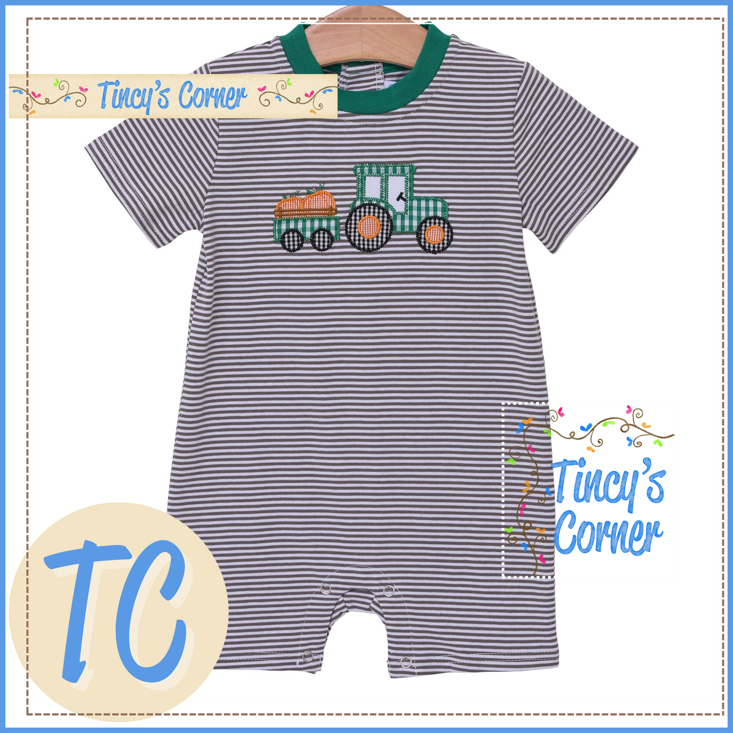 Boy's SS Tractor Pumpkin Applique Romper -114