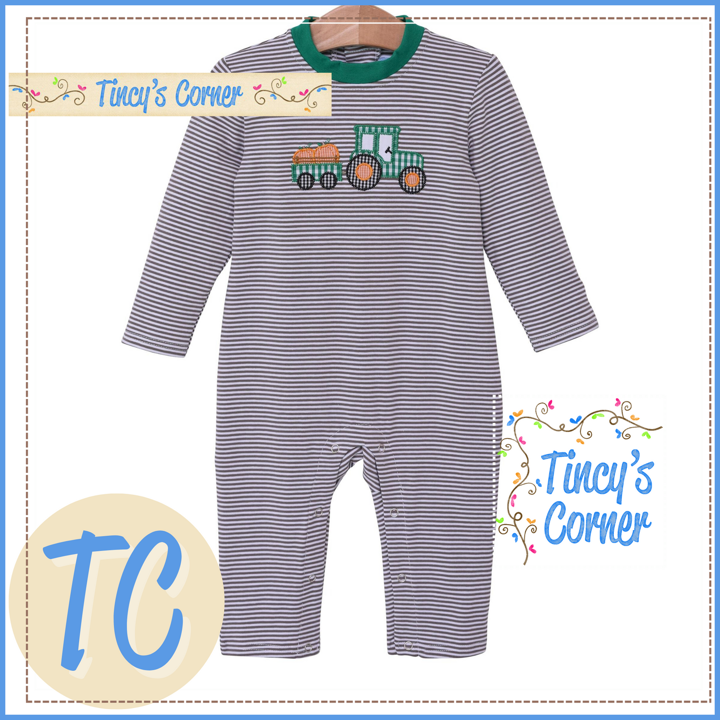 Boy's LS Tractor Pumpkin Applique Romper -114