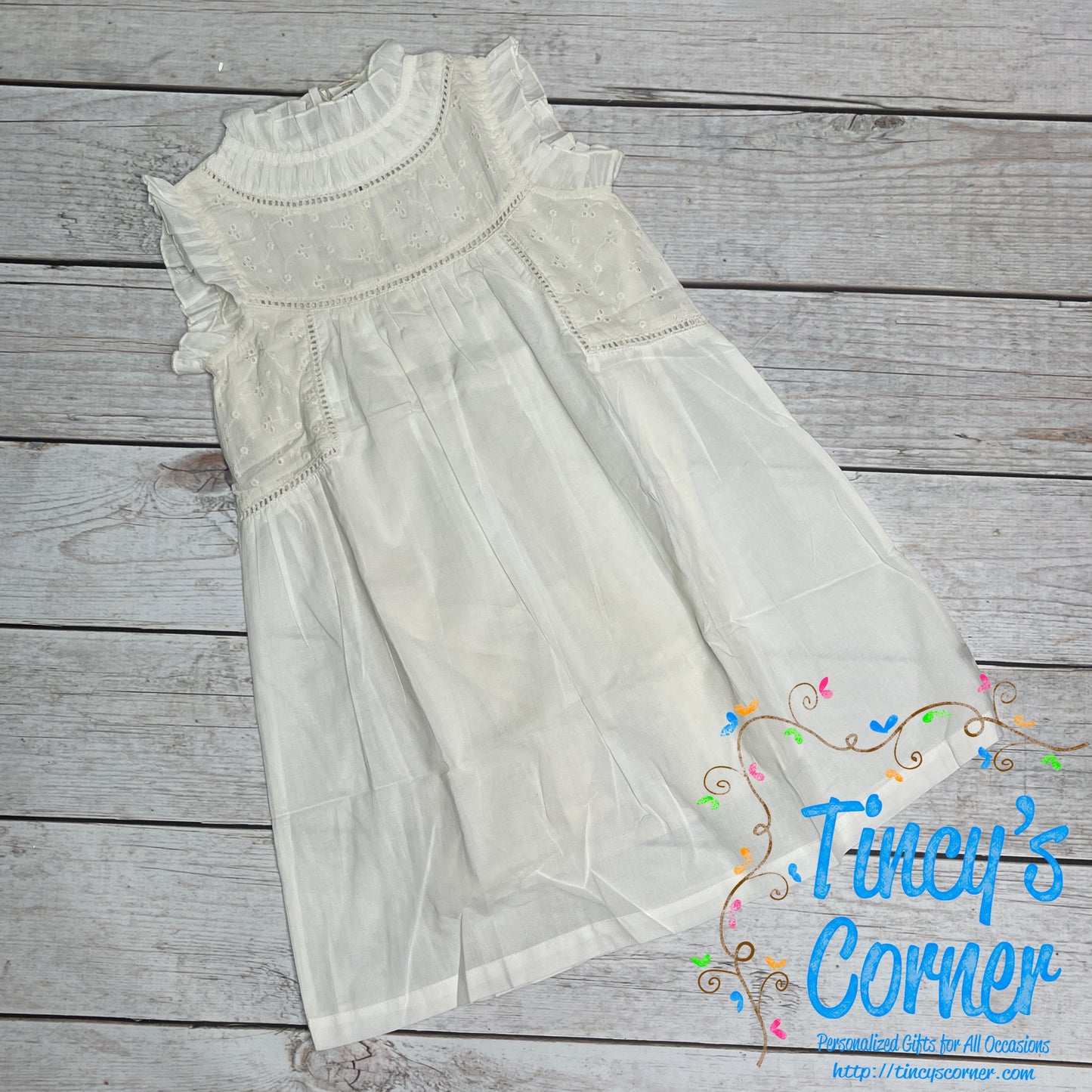 White Ruffle Neck Eyelet Dress