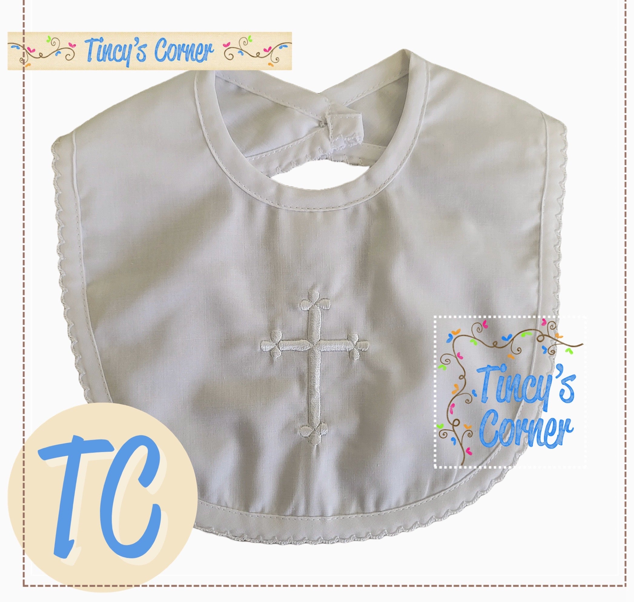 Embroidered Cross Christening Bib w/Scallops