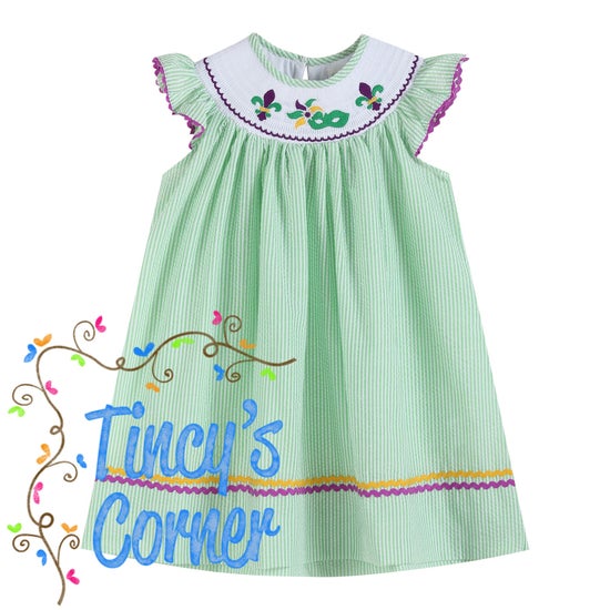 Green and Purple Mardi Gras Smocked Bishop Dress