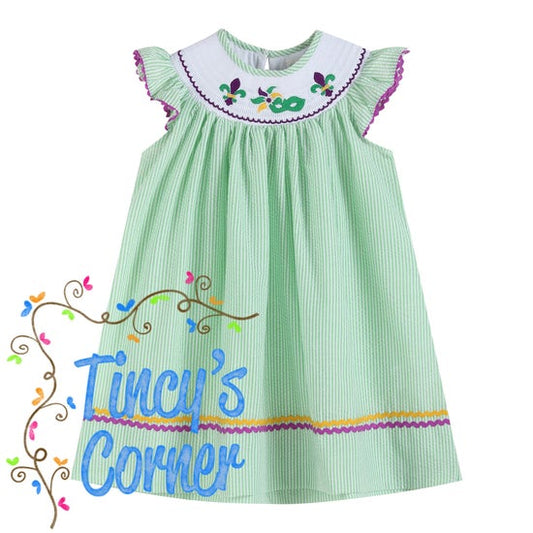 Green and Purple Mardi Gras Smocked Bishop Dress
