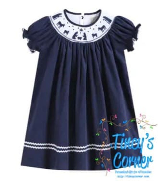 Nativity Blue Corduroy Nativity Smocked Bishop Dress