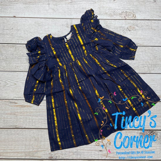 Girl's Navy/Gold Metallic Stripe Dress