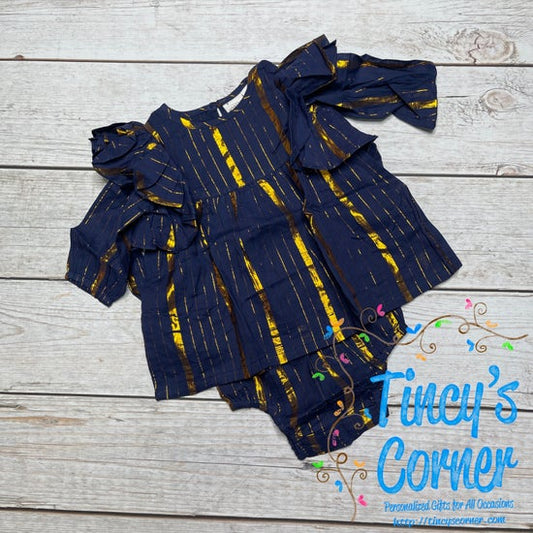 Girl's Navy/Gold Metallic Stripe Dress w/Bloomers