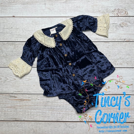 Girl's Infant Eyelet Velvet Navy Dress with Bloomers