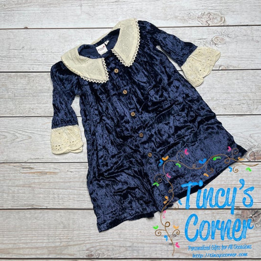 Girl's Eyelet Velvet Navy Dress