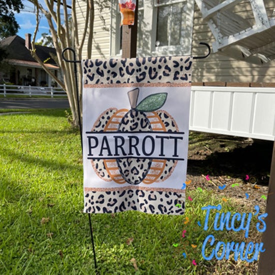 Funky Leopard Pumpkin Last Name Garden Flag