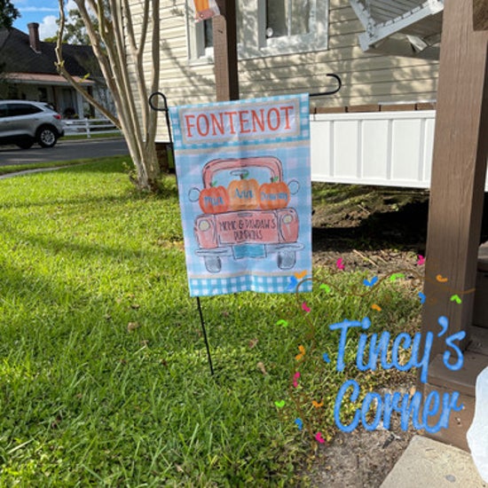 Teal Gingham Family Pumpkin Truck Garden Flag