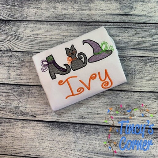 Witch Shoe, Cat, Hat Trio Sketch Embroidery T-Shirt