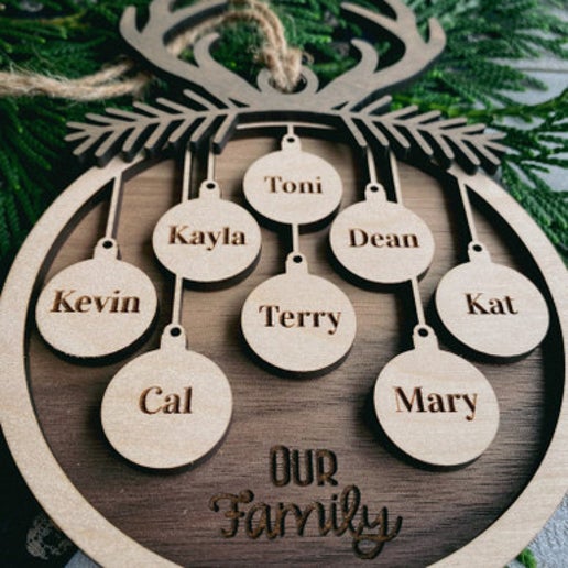 Family Christmas Ornament with Antlers and Branch