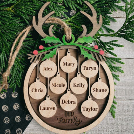 Family Christmas Ornament with Antlers, Branch and Holly Branch w/4 Berries