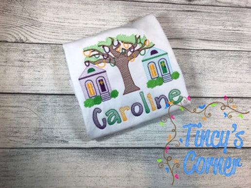 Mardi Gras Tree and Houses Embroidery T-Shirt