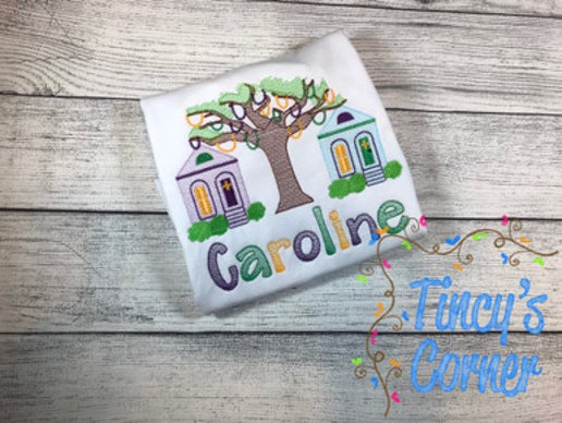 Mardi Gras Tree and Houses Embroidery T-Shirt