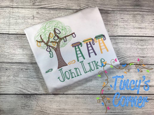 Mardi Gras Tree and Ladder Chairs Embroidery T-Shirt