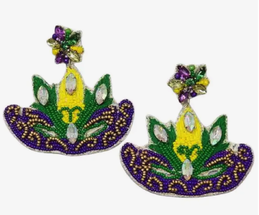 Mardi Gras Mask Seed Bead Drop Earrings