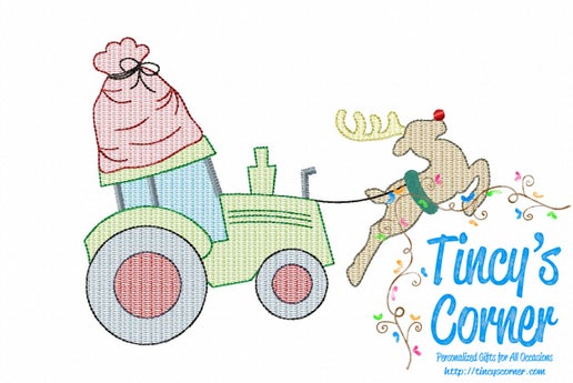 Reindeer Flying Tractor Embroidery T-Shirt