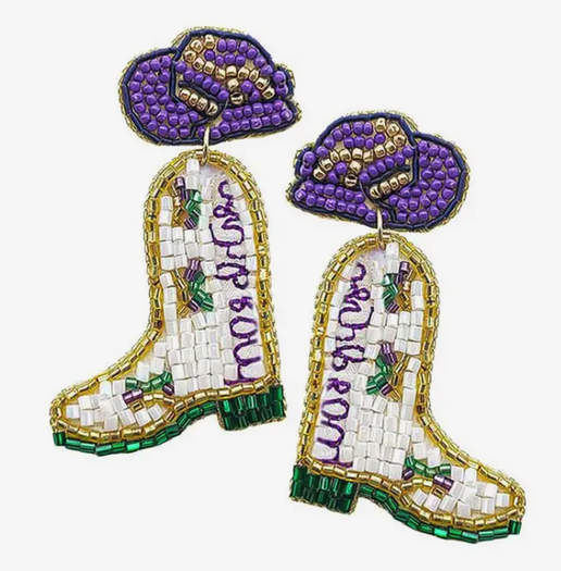 Mardi Gras Felt Back Beaded Western Boots Dangle Earrings