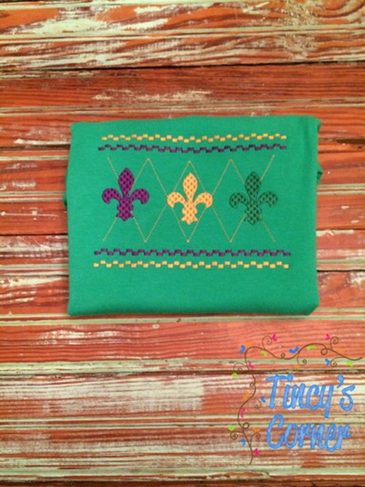 Faux Smocked Fleur de lis Embroidery T-Shirt