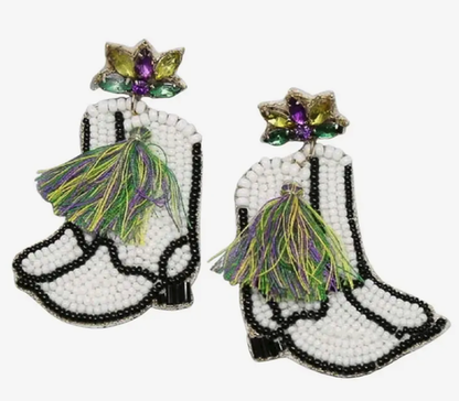 Mardi Gras Boots Seed Bead Drop Earrings