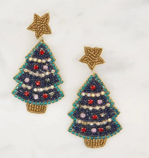 Christmas Tree Beaded Earrings Green/Gold