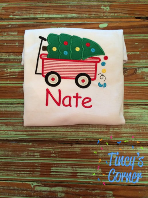 Wagon Christmas Tree Applique T-Shirt