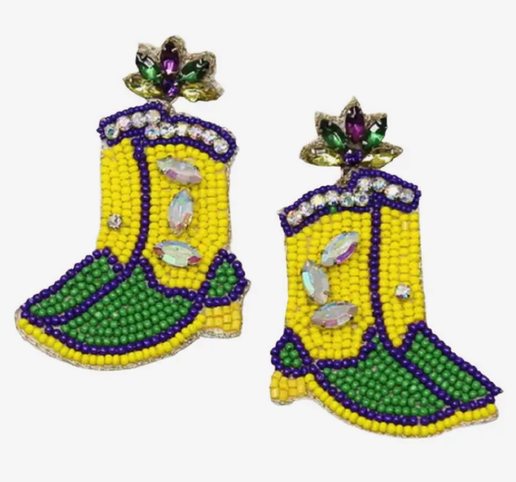 Mardi Gras Boots Seed Bead Drop Earrings