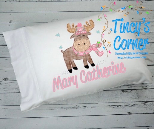 Pink Winter Moose w/Name Standard White Pillowcase